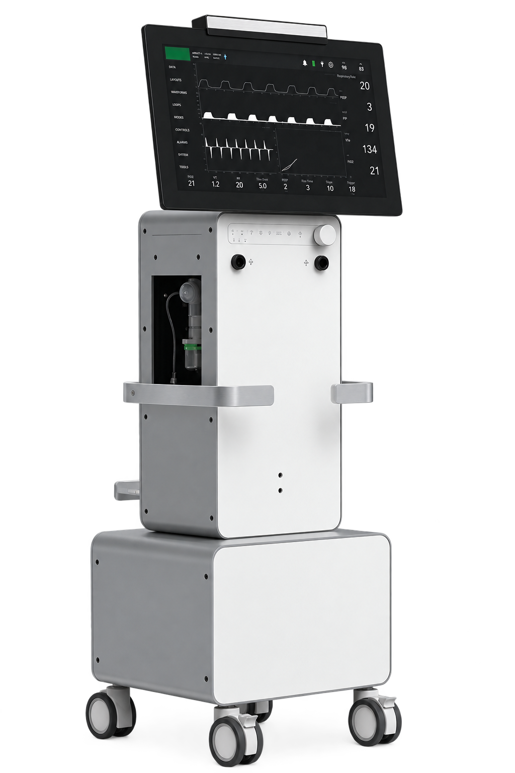 The same ICU ventilator, side view